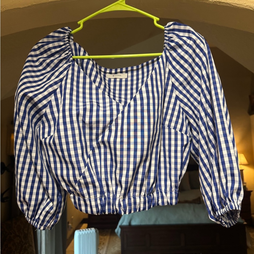 Vicbee Blue Gingham Puff-Sleeve Crop Blouse